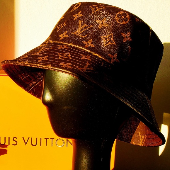 Louis Vuitton LV Monogram Bucket Hat Calf Skin Leather Brown Tan Jacquard - Picture 2 of 10